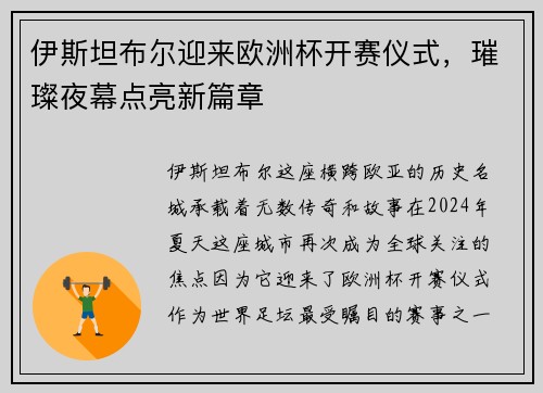 伊斯坦布尔迎来欧洲杯开赛仪式，璀璨夜幕点亮新篇章